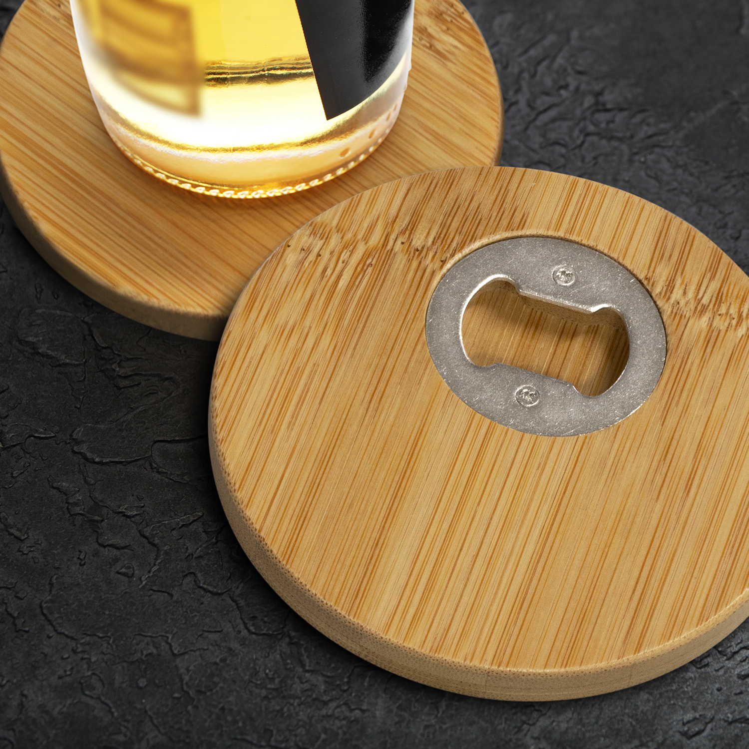 Bamboo Bottle Opener Coaster - Set of 2 - Round - Image 4