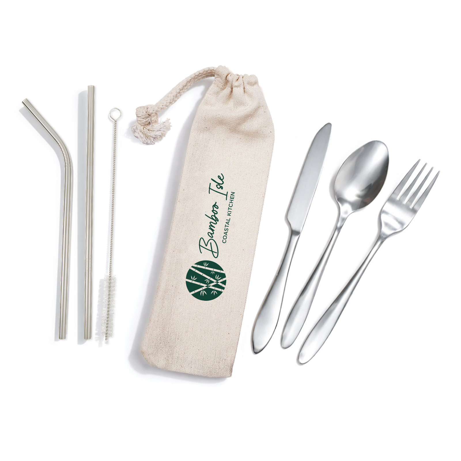 Banquet Stainless Steel Cutlery & Straw Set in Calico Pouch