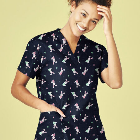 Womens Easter V-Neck Short Sleeve Scrub Top